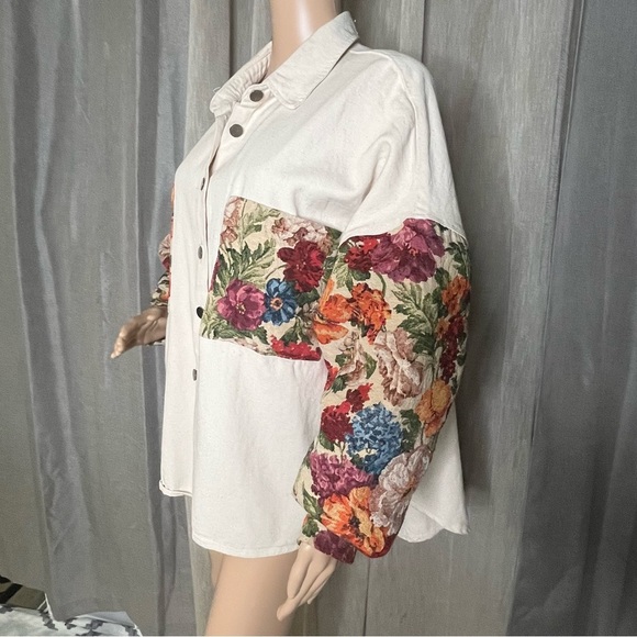 POL JACQUARD FLORAL VINTAGE CONTRAST SLEEVE SHACKET Cream Medium - Picture 4 of 13